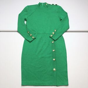 ST. JOHN Kelly Green Knit Wool Sheath Dress Size 4 Gold Buttons Vintage